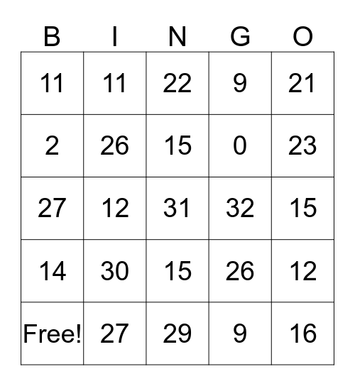 Number Bingo Card