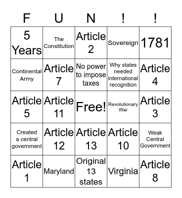 Articles of Confederation Bingo Card
