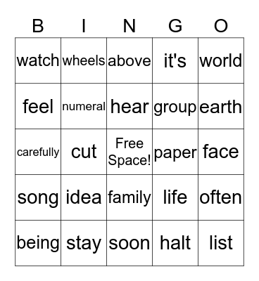 Fry Word Bingo Card