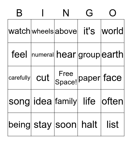 Fry Word Bingo Card