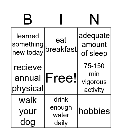 Lifestyle Bingo Card