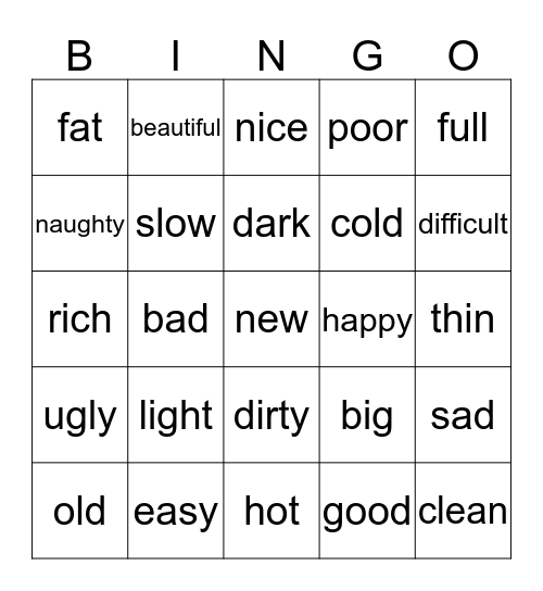 Adjectives Bingo Card