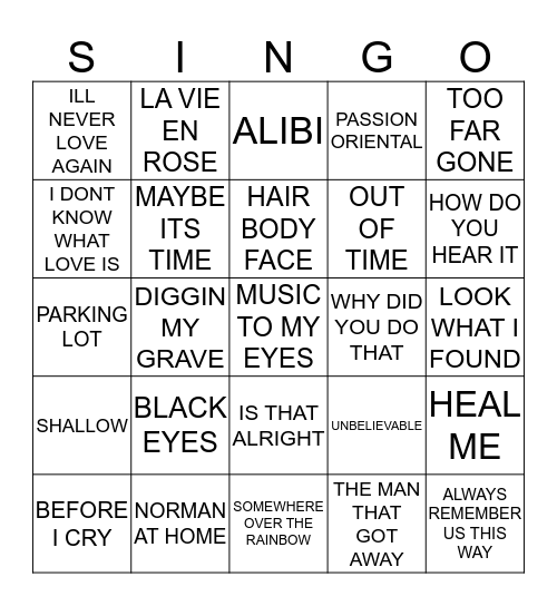 288 A STAR IS BORN SOUNDTRACK Bingo Card