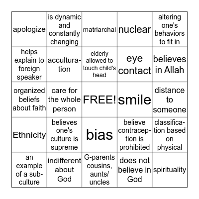 Cultural Diversity Bingo Card