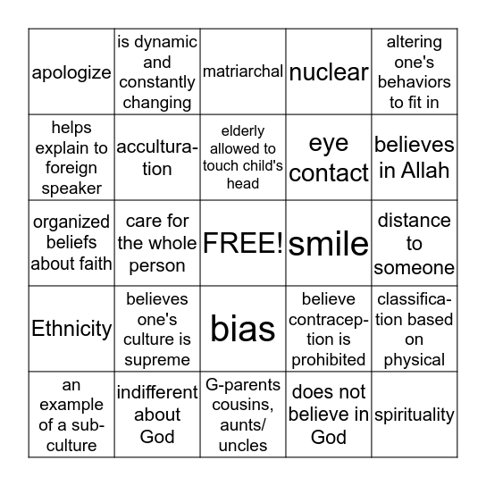 Cultural Diversity Bingo Card