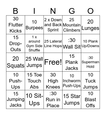 Fitness Bingo Card