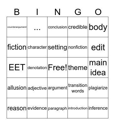 Language Arts Bingo Card
