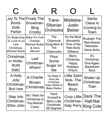 Christmas Carol Bingo Card