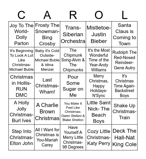 Christmas Carol Bingo Card