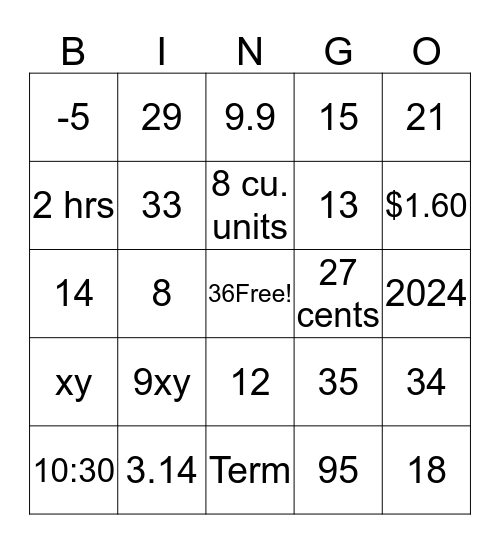 7th Grade Math Bingo Card