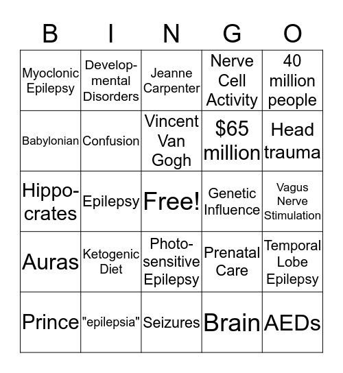 Epilepsy Bingo Card