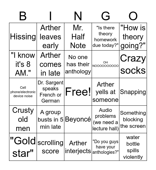 Music History I final class bingo game Bingo Card