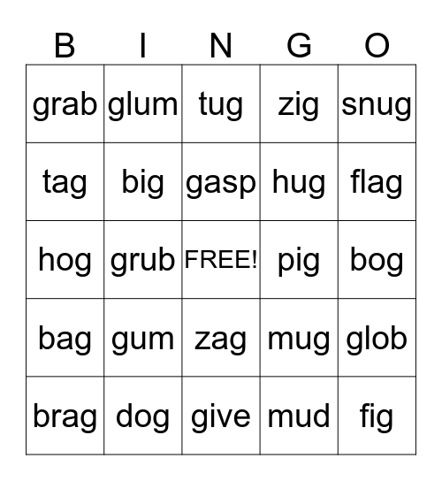 Letter G Bingo Card