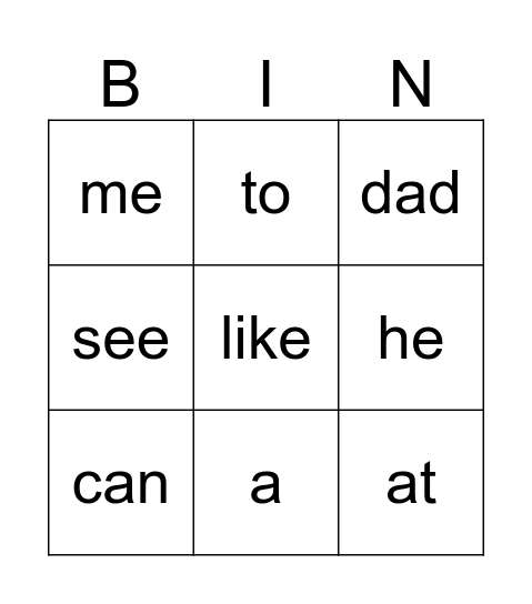 Kindergarten Sight Words Bingo Card