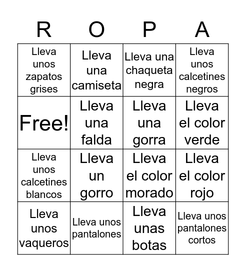 BINGO: LA ROPA Bingo Card