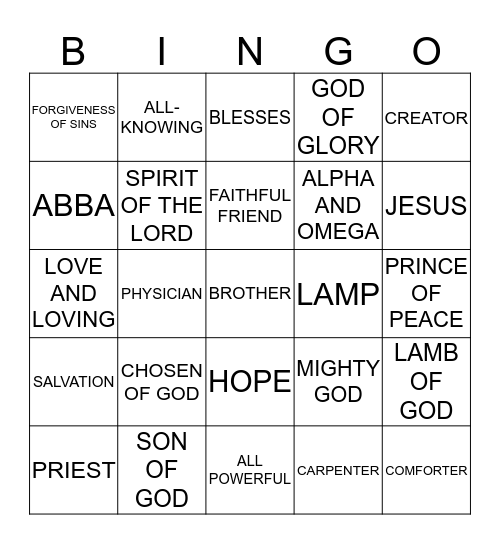NAMES OF OUR LORD Bingo Card