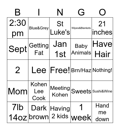 Baby Kohen Bingo Card