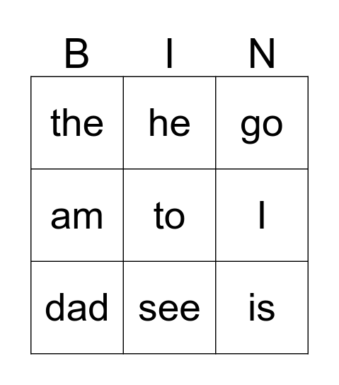 Kindergarten Sight Words Bingo Card