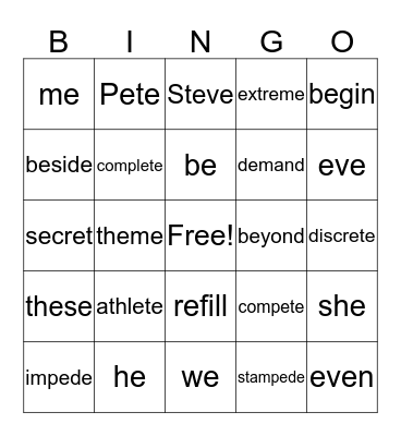 Long /e/ Bingo Card