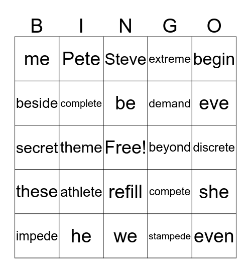 Long /e/ Bingo Card