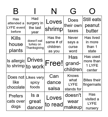 LYFE Family Bingo Card