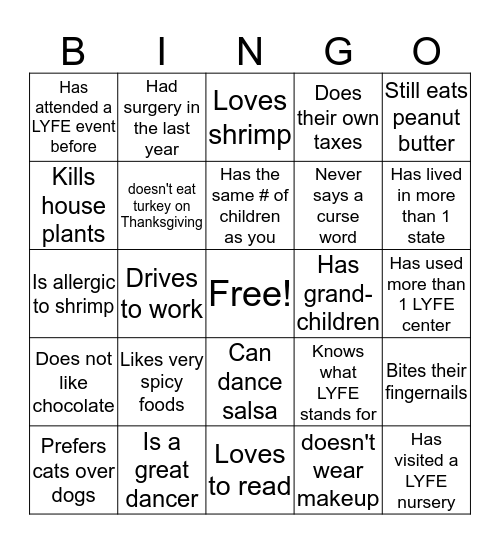 LYFE Family Bingo Card