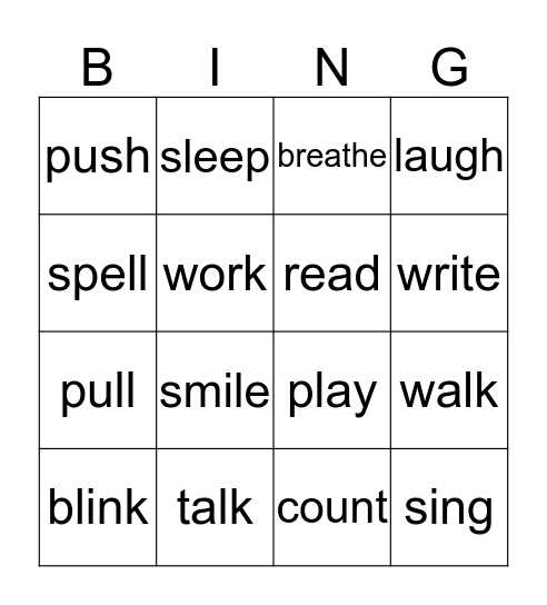 Verbs Bingo Card