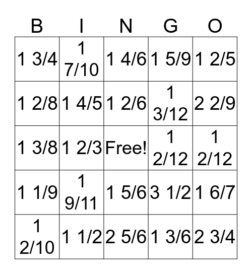 Converting Improper Fractions to Mixed Numbers Bingo Card
