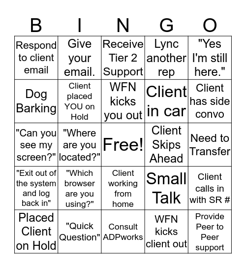 Phone Call Bingo Card