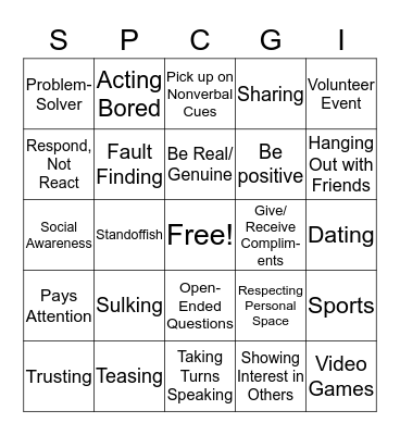 Social Skills Bingo Card