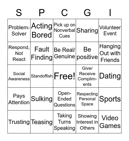 Social Skills Bingo Card