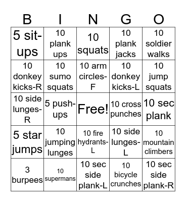 Fitness Bingo Card