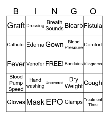 Dialysis Bingo Card