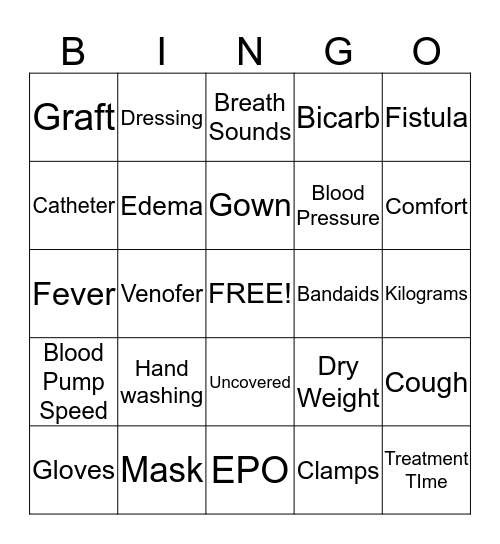 Dialysis Bingo Card