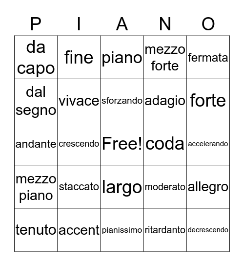 Piano - Unit 5 Bingo Card