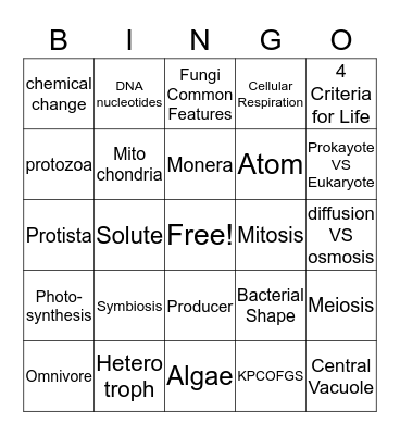 Biology Semester 1 Bingo Card