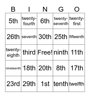 Ordering Bingo Card