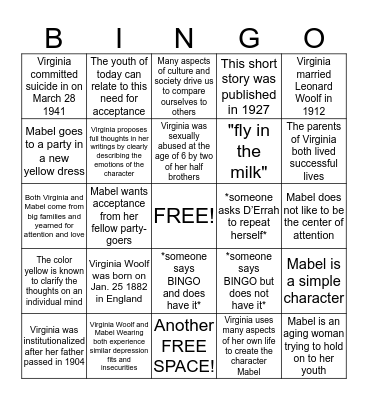 THE YELLOW DRESS by Virginia Woolf Bingo Card
