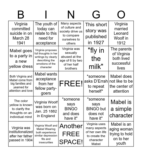 THE YELLOW DRESS by Virginia Woolf Bingo Card