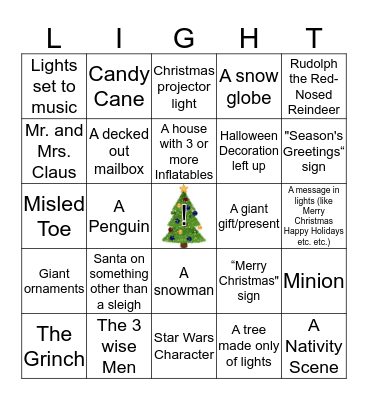 Christmas Light scavenger hunt Bingo Card