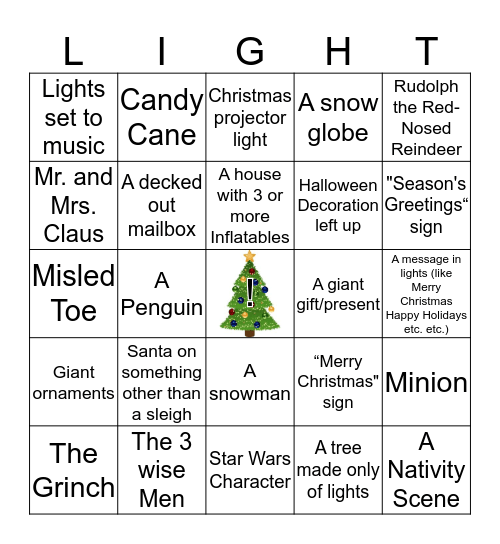 Christmas Light scavenger hunt Bingo Card