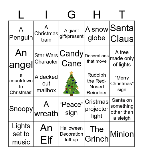Christmas Light scavenger hunt Bingo Card