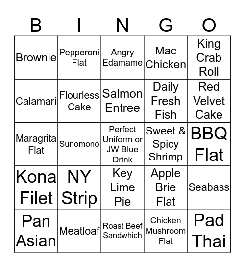 Kona Grill Bingo Card