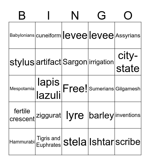 Mesopotamia Bingo Card