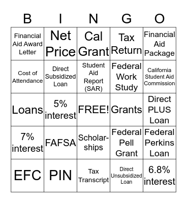 Financial Aid Bingo  Bingo Card