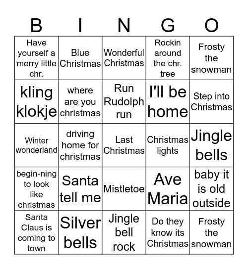 Kerstmuziek bingo Card
