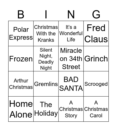 Christmas Film Quote Bingo Card