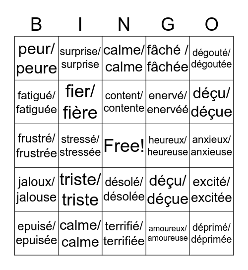 Les Émotions Bingo Card