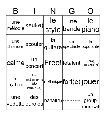 La Musique Bingo Card