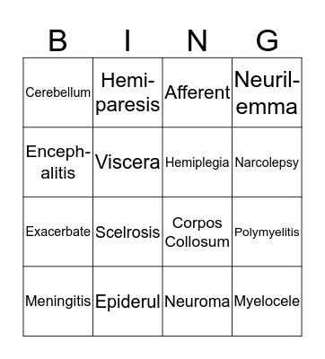 Nervous System Bingo Card